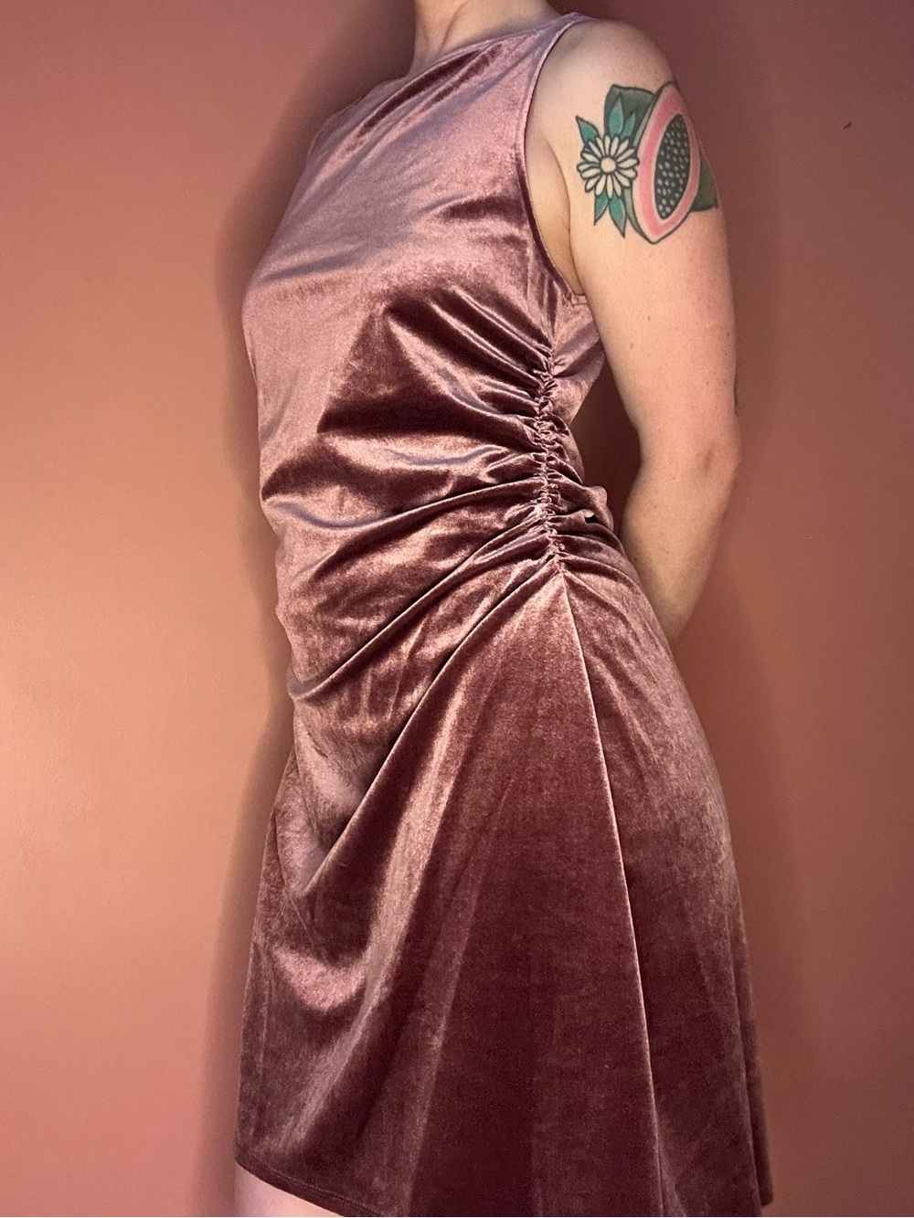 Wild Fable mauve pink velvet midi dress with boat neckline